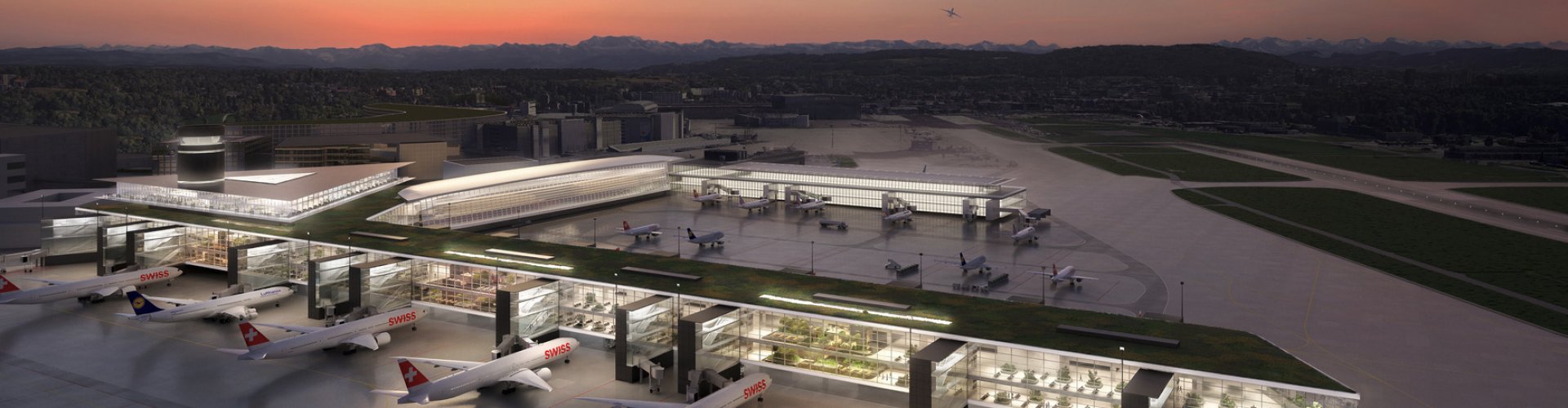 Zurich Airport runway sunset view