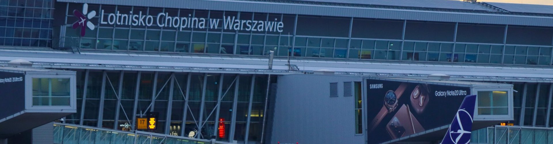 Runway view sunset at Chopin Airport